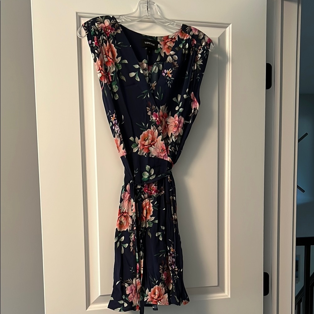 Yumi Kim Navy and Pink Floral wrap Mini Dress with tie.